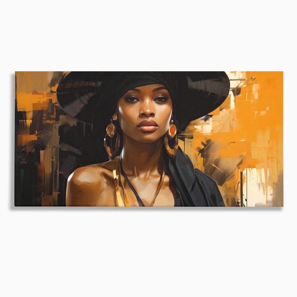 Tablou canvas cu tablou canvas cu femeie in palarie neagra, fara rama, pe sasiu de lemn